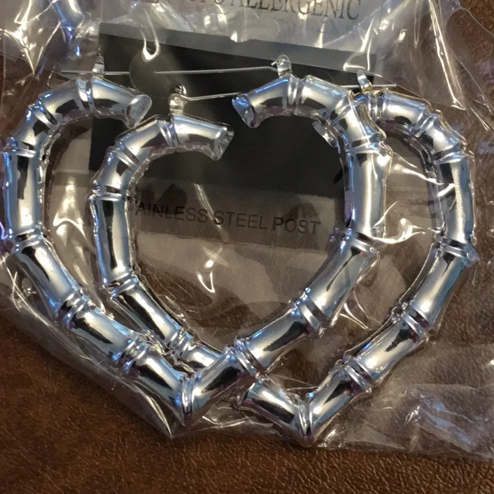 HEART BAMBOO HEART HOOP EARRINGS SOLID SHINY GOLD OR SILVER TONE 2 INCH
